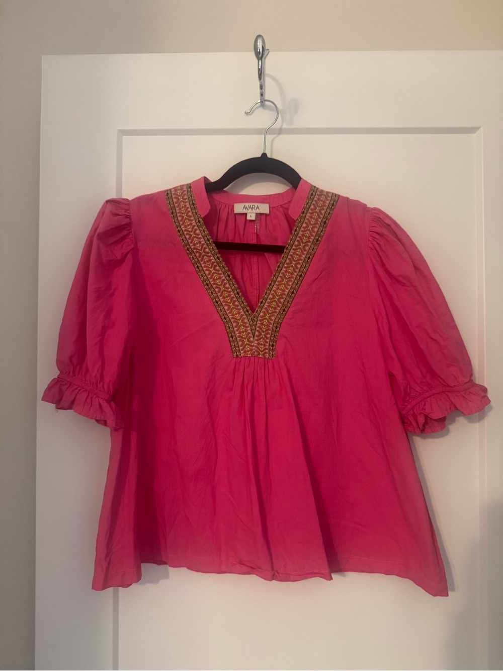 Avara Hot Pink Embroidered V-Neck Puff Sleeve Tunic